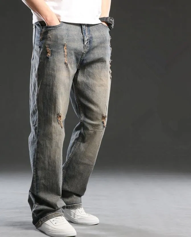 Men's Denim Hip Hop Style Mid Waist Loose Straight-Ripped Jeans Pants