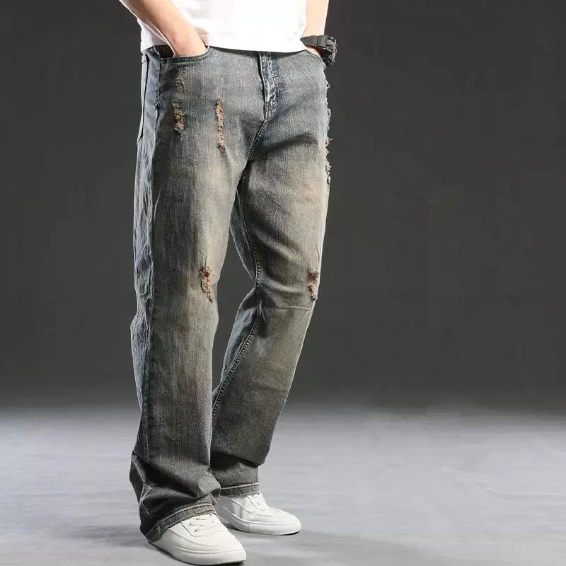 Men's Denim Hip Hop Style Mid Waist Loose Straight-Ripped Jeans Pants