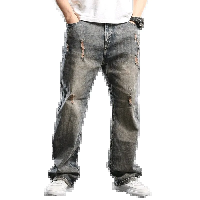 Men's Denim Hip Hop Style Mid Waist Loose Straight-Ripped Jeans Pants