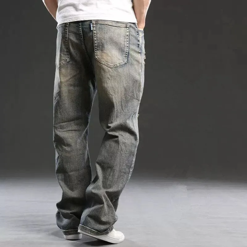 Men's Denim Hip Hop Style Mid Waist Loose Straight-Ripped Jeans Pants