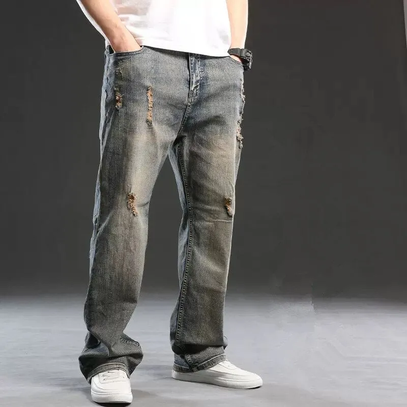 Men's Denim Hip Hop Style Mid Waist Loose Straight-Ripped Jeans Pants