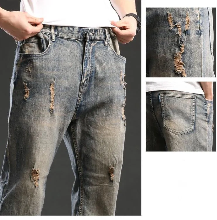 Men's Denim Hip Hop Style Mid Waist Loose Straight-Ripped Jeans Pants