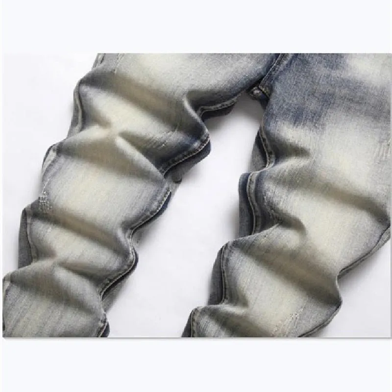 Men's Punk Style Solid Pattern Mid-waist Distressed Denim Skinny Jeans Pants