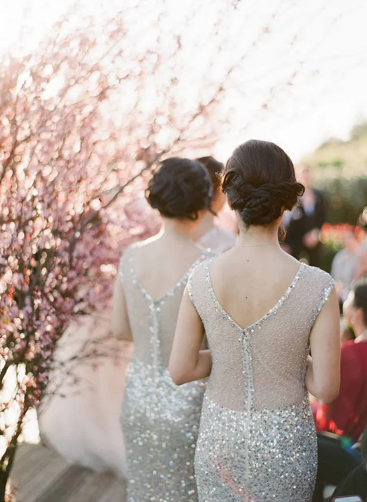 Mismatched Sequin Tulle Round Neck Cap Sleeve See Through Long Bridesmaid Dresses,DB104