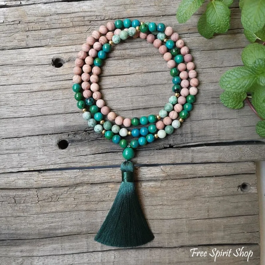 Natural Pink Sand Stone & Chrysocolla Mala Bead Necklace / Bracelet