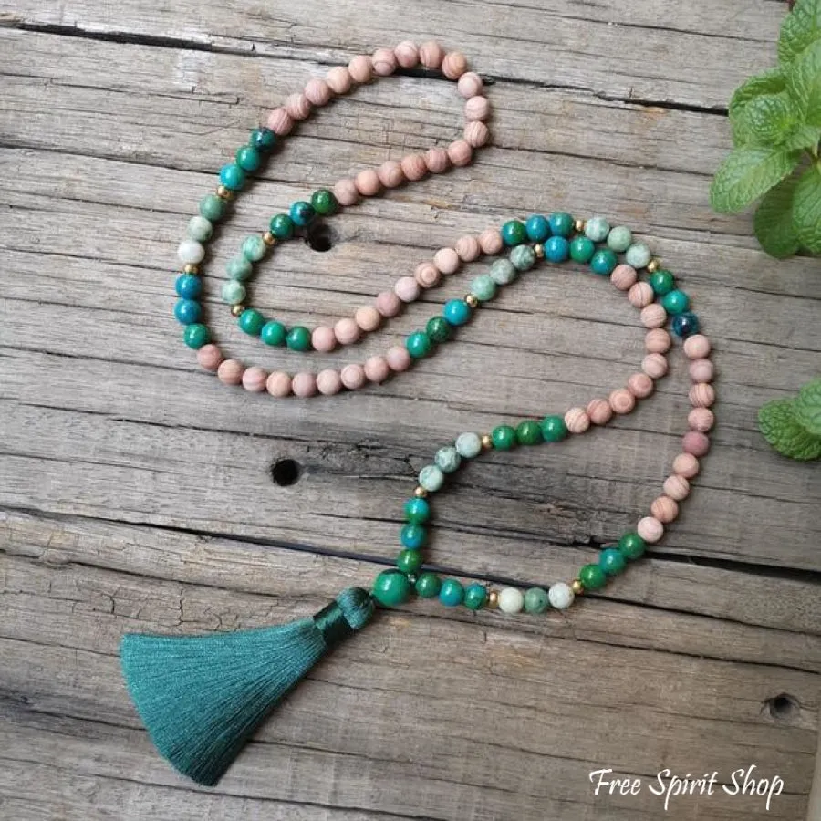 Natural Pink Sand Stone & Chrysocolla Mala Bead Necklace / Bracelet