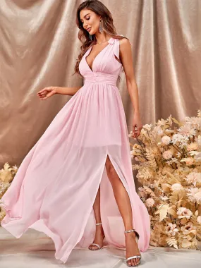 Party Dresses Pink V-Neck Split Front Sleeveless Semi Formal Dress