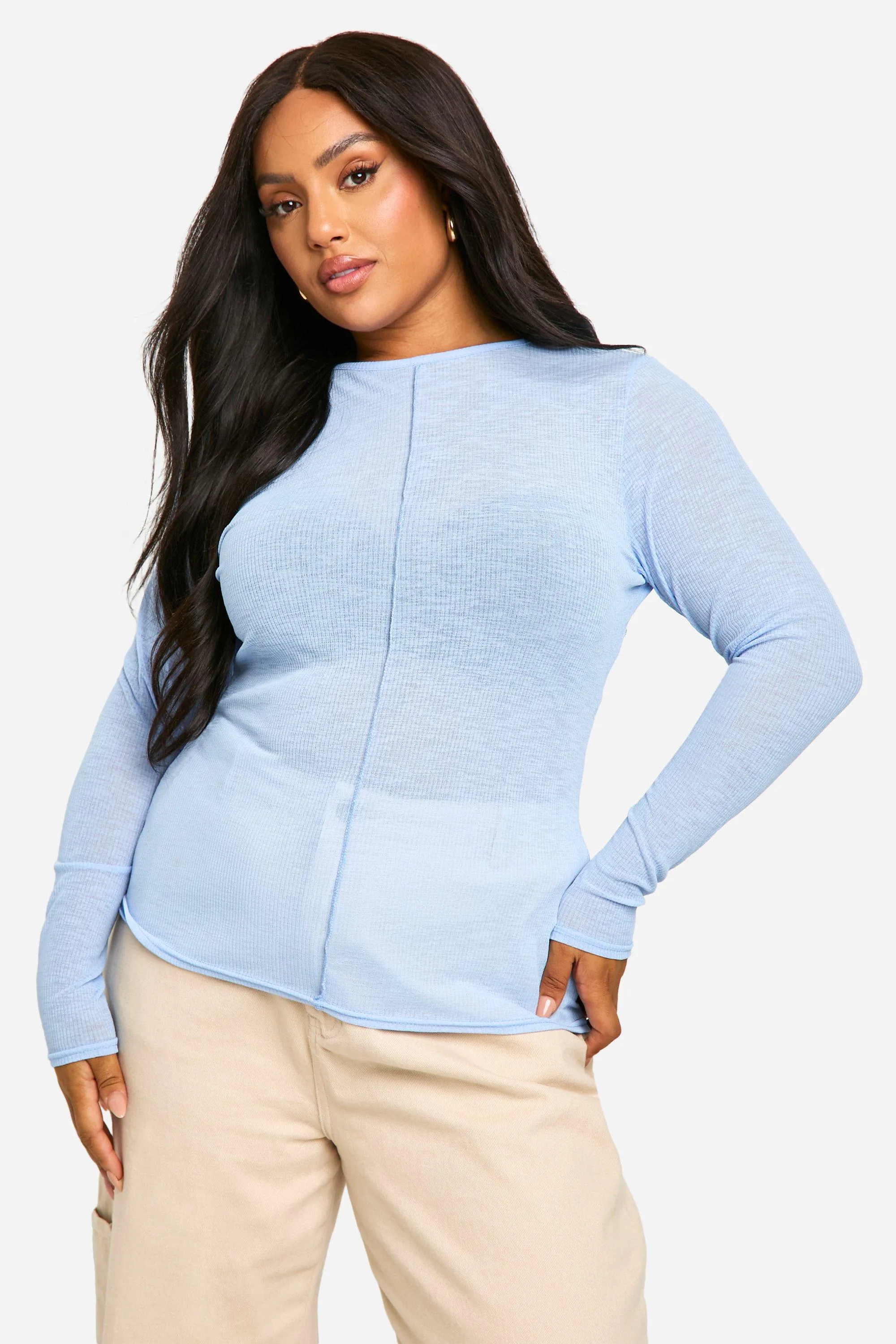 Plus Ribbed Seam Detail Long Sleeve Tops