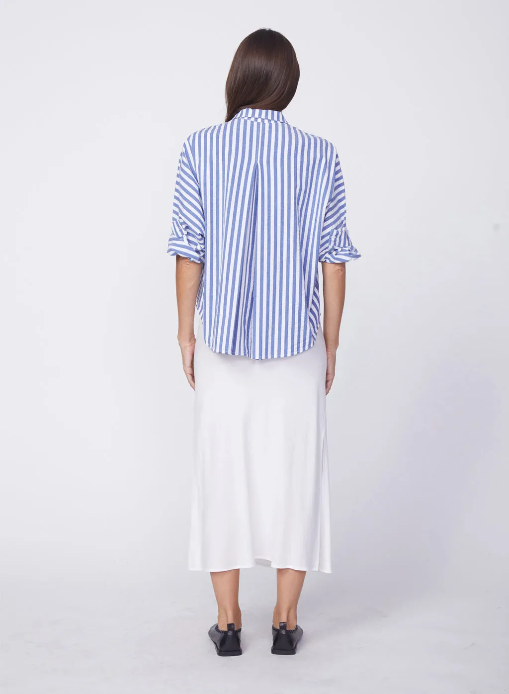 Puckered Stripe Dolman Shirt in Navy Stripe