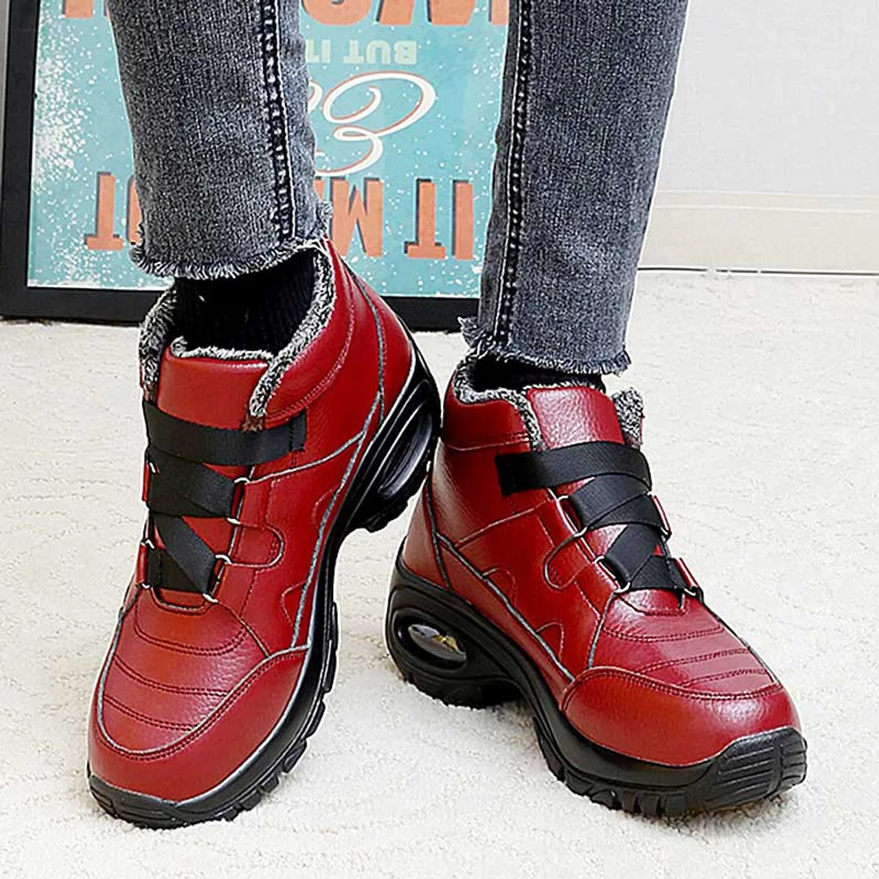 Red velcro thread accents winter double rocker bottom shoe boot