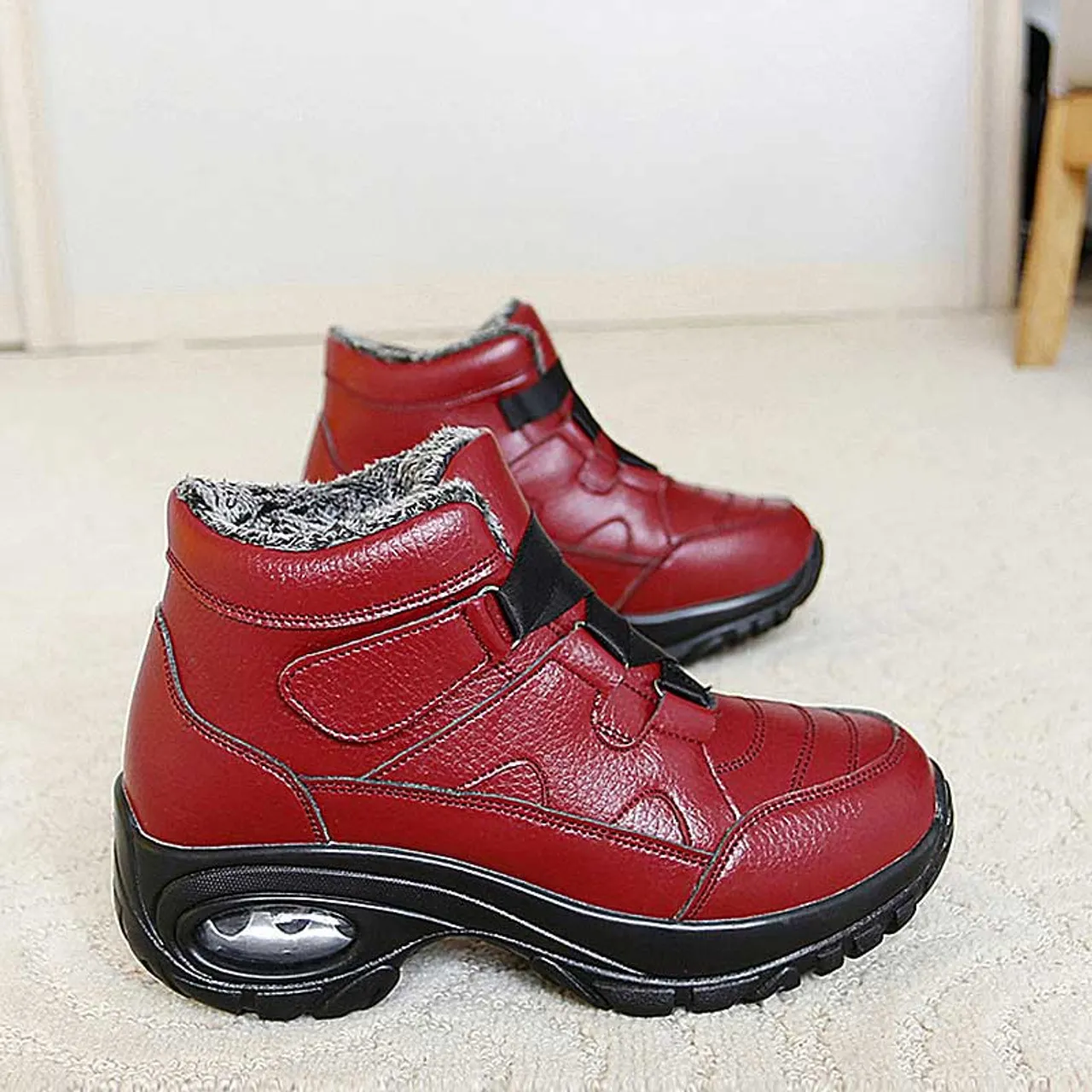 Red velcro thread accents winter double rocker bottom shoe boot