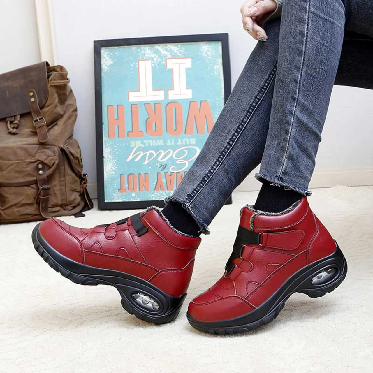 Red velcro thread accents winter double rocker bottom shoe boot