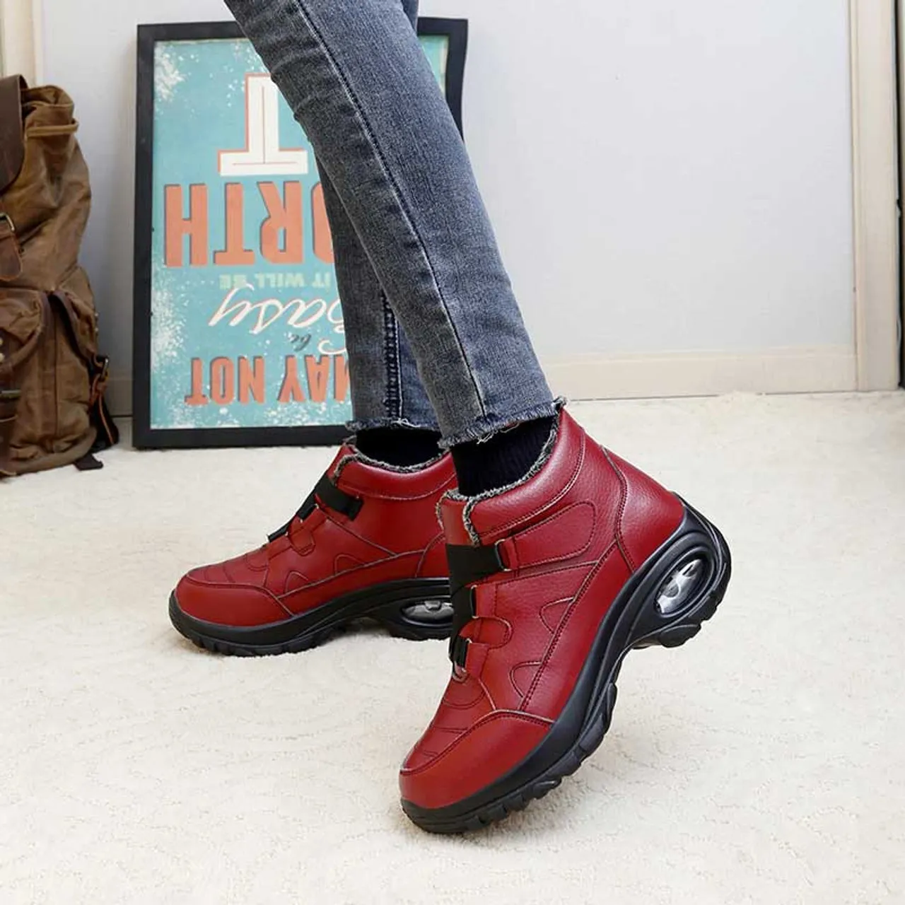 Red velcro thread accents winter double rocker bottom shoe boot