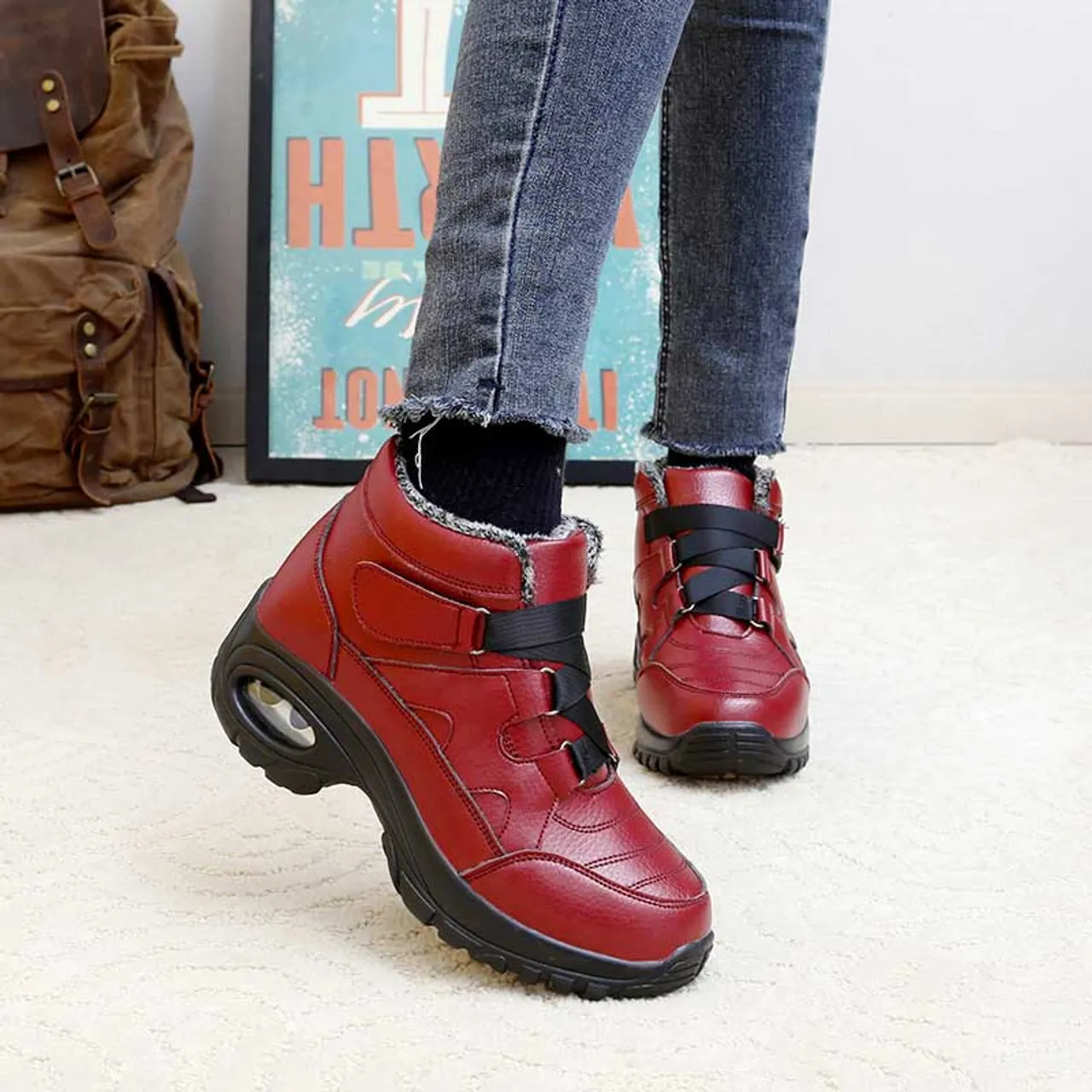 Red velcro thread accents winter double rocker bottom shoe boot