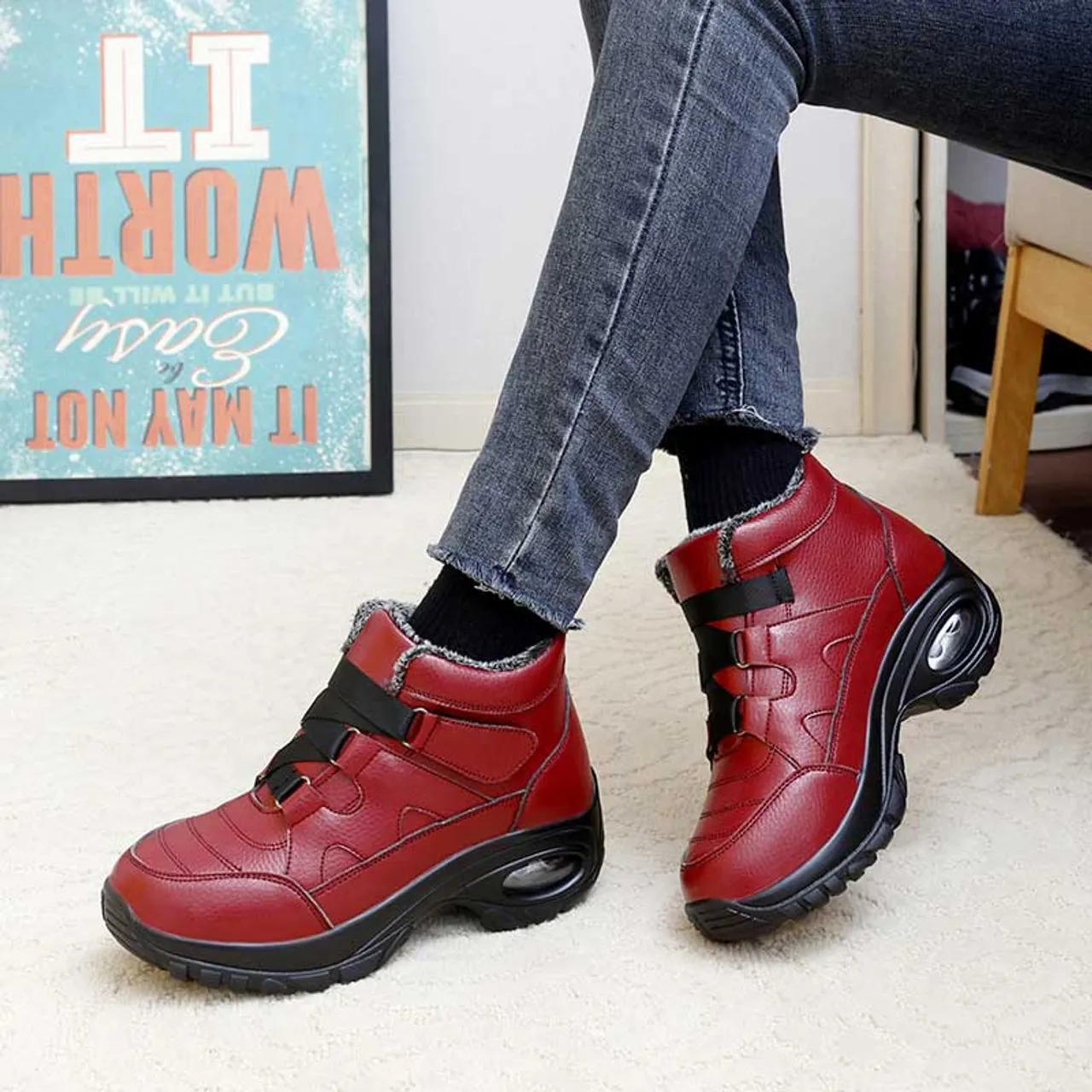 Red velcro thread accents winter double rocker bottom shoe boot