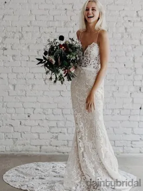 Sexy V-neck Lace Mermaid Open Back Wedding Dresses,DB10256