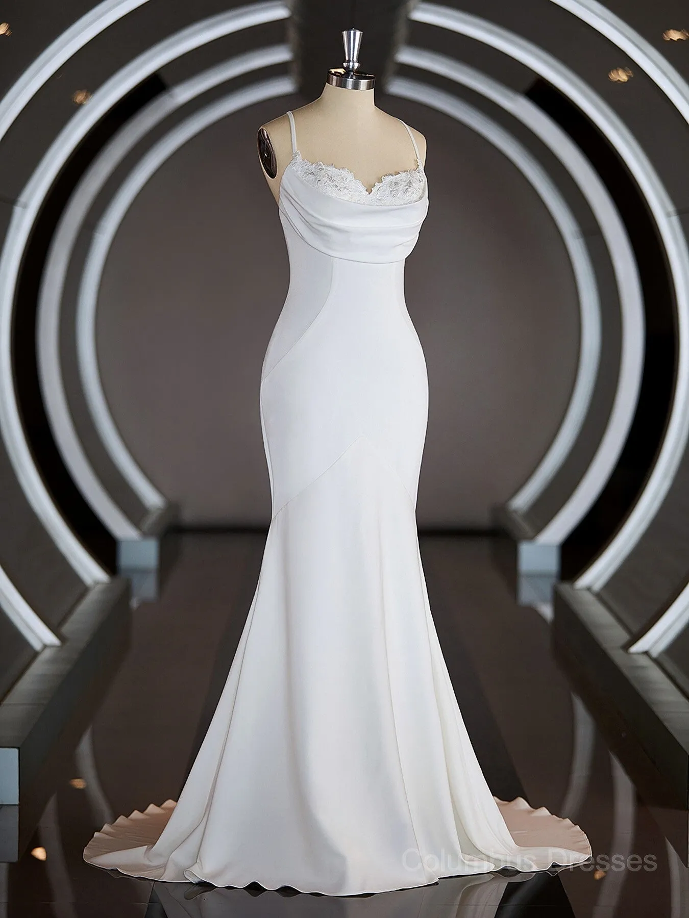 Sheath/Column Square Court Train Stretch Crepe Wedding Dresses with Ruffles