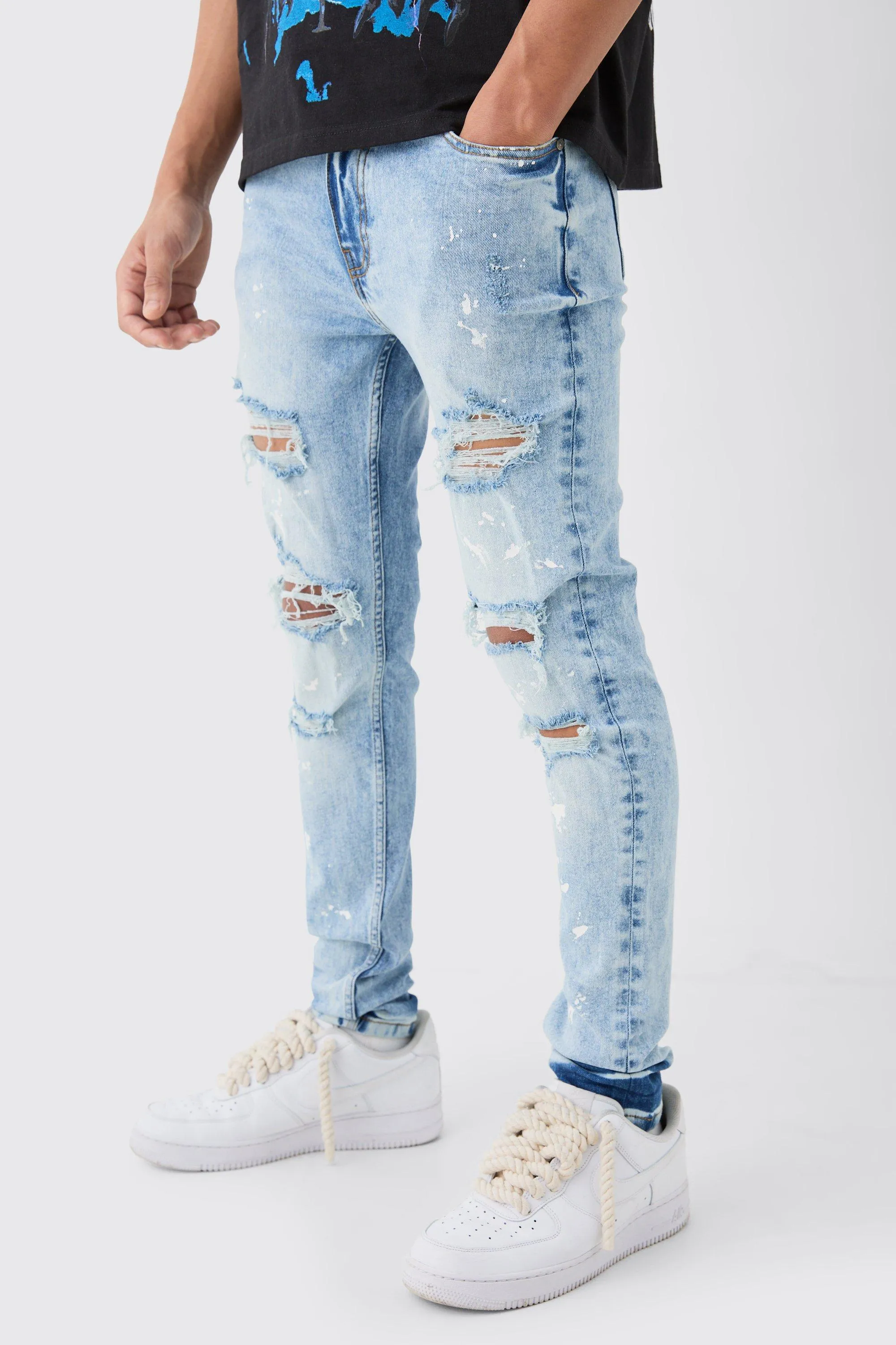 Skinny Stretch Paint Splatter Ripped Jeans