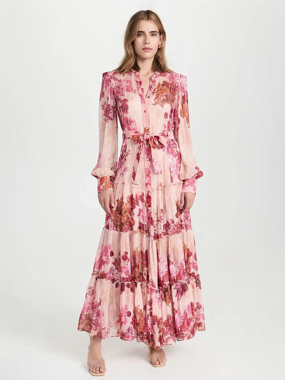 Stylish Floral Dress Tiered Belted Lantern Sleeves Elegant Casual Maxi Folklore Dresses