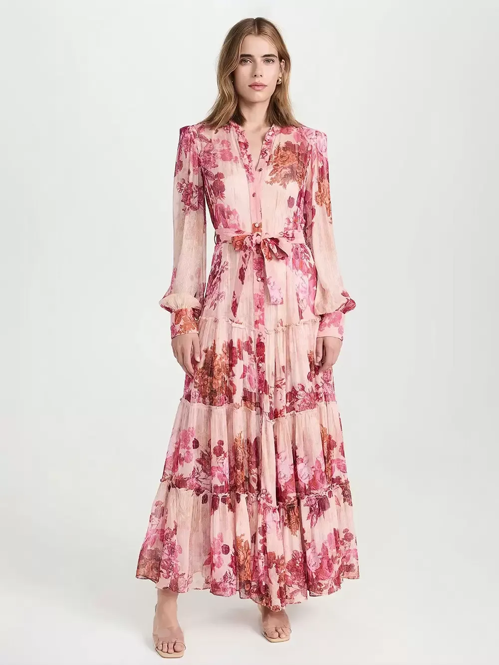 Stylish Floral Dress Tiered Belted Lantern Sleeves Elegant Casual Maxi Folklore Dresses