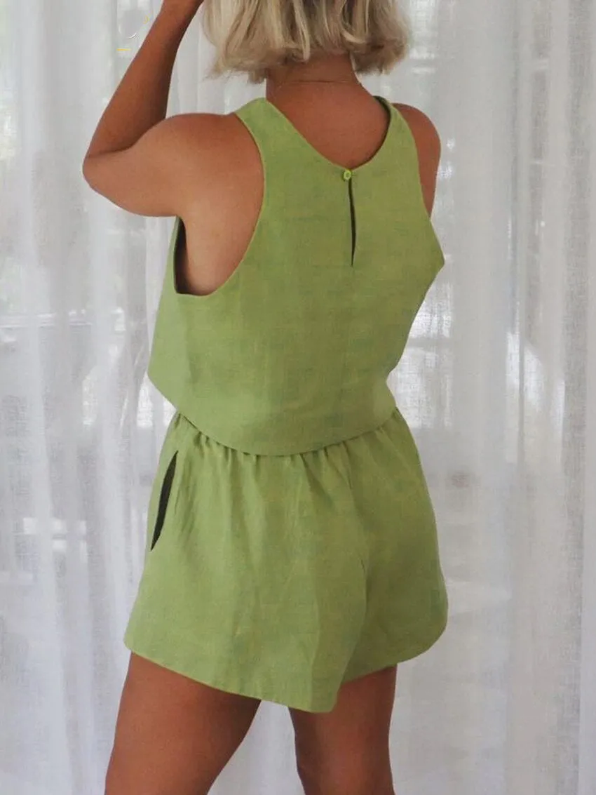 Summer Matching Sets Slim Green Linen 2 Piece Set Women Outfit 2023