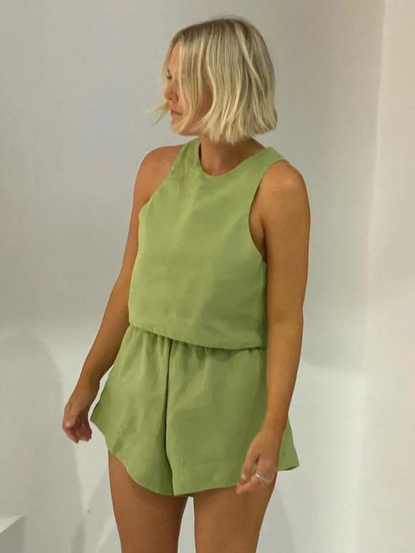 Summer Matching Sets Slim Green Linen 2 Piece Set Women Outfit 2023