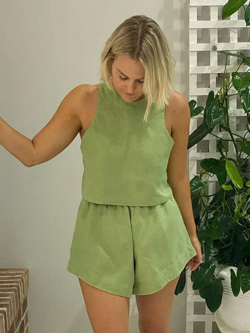 Summer Matching Sets Slim Green Linen 2 Piece Set Women Outfit 2023