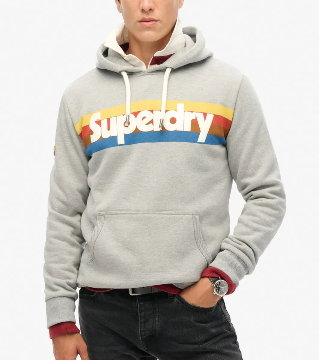 Superdry Retro Stripe Logo Overhead Hooded Sweatshirts Grey Marl