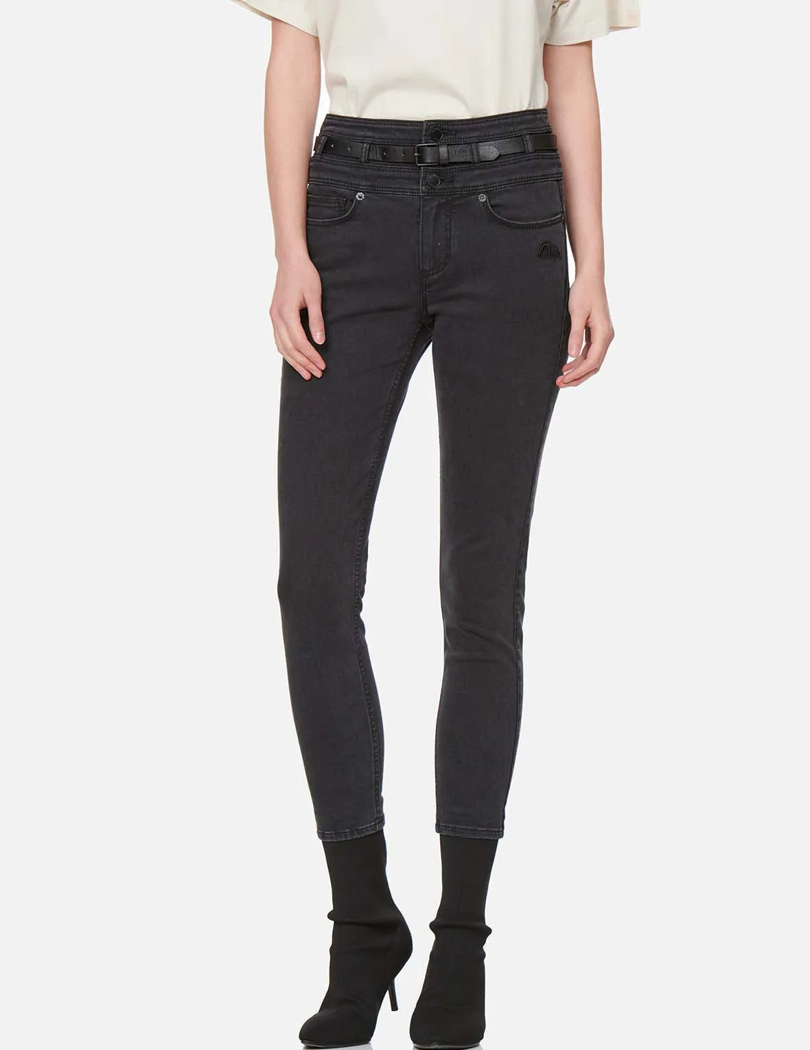 Triple Waistband Skinny Jeans with Leather Belt