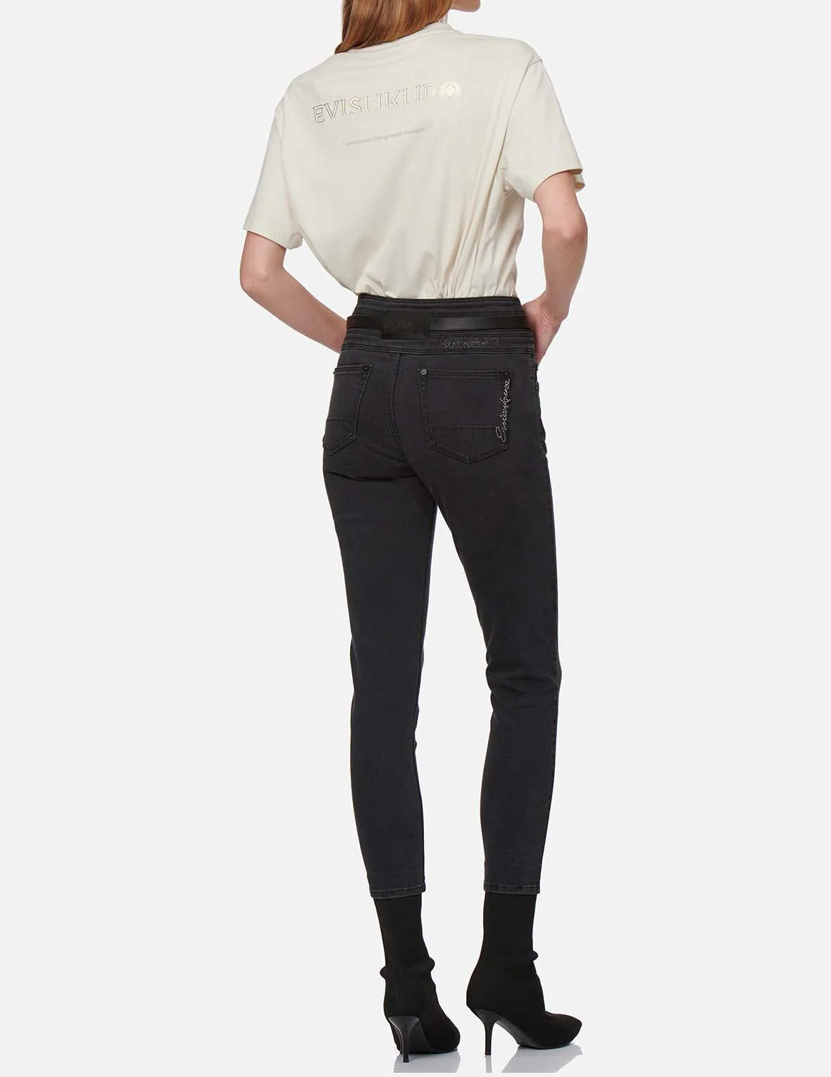 Triple Waistband Skinny Jeans with Leather Belt