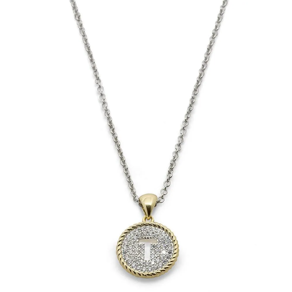 Two Tone Necklace Round Pave Initial - T