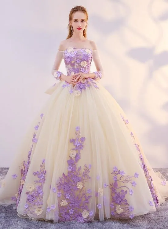 Unique Champagne Tulle Ball Gown with Lavender Flowers Formal Dress, Sweet 16 Dresses