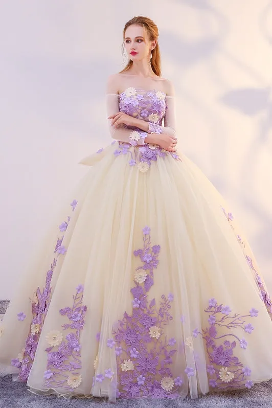 Unique Champagne Tulle Ball Gown with Lavender Flowers Formal Dress, Sweet 16 Dresses