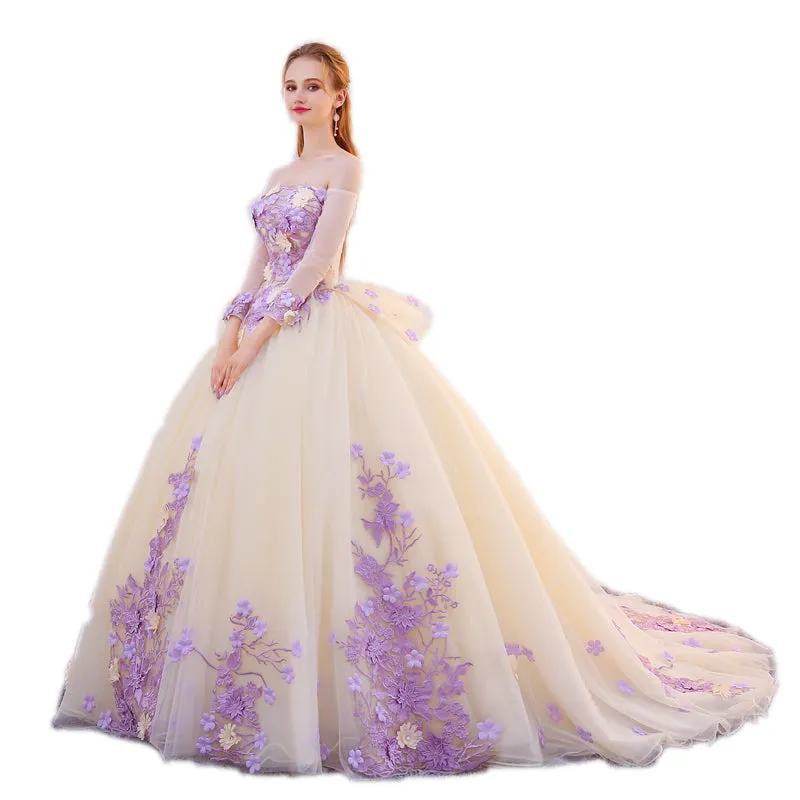 Unique Champagne Tulle Ball Gown with Lavender Flowers Formal Dress, Sweet 16 Dresses