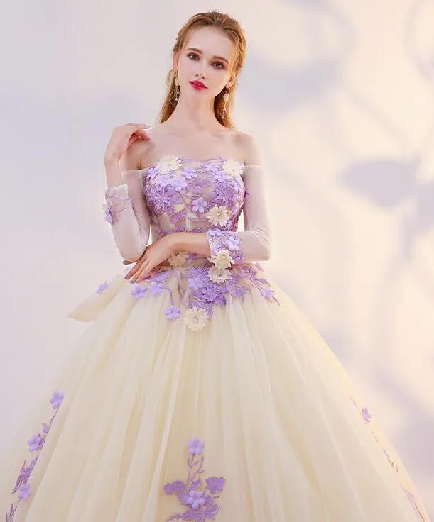 Unique Champagne Tulle Ball Gown with Lavender Flowers Formal Dress, Sweet 16 Dresses