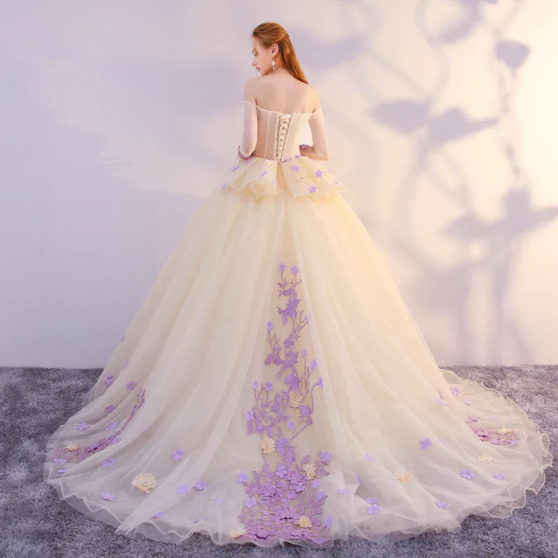 Unique Champagne Tulle Ball Gown with Lavender Flowers Formal Dress, Sweet 16 Dresses