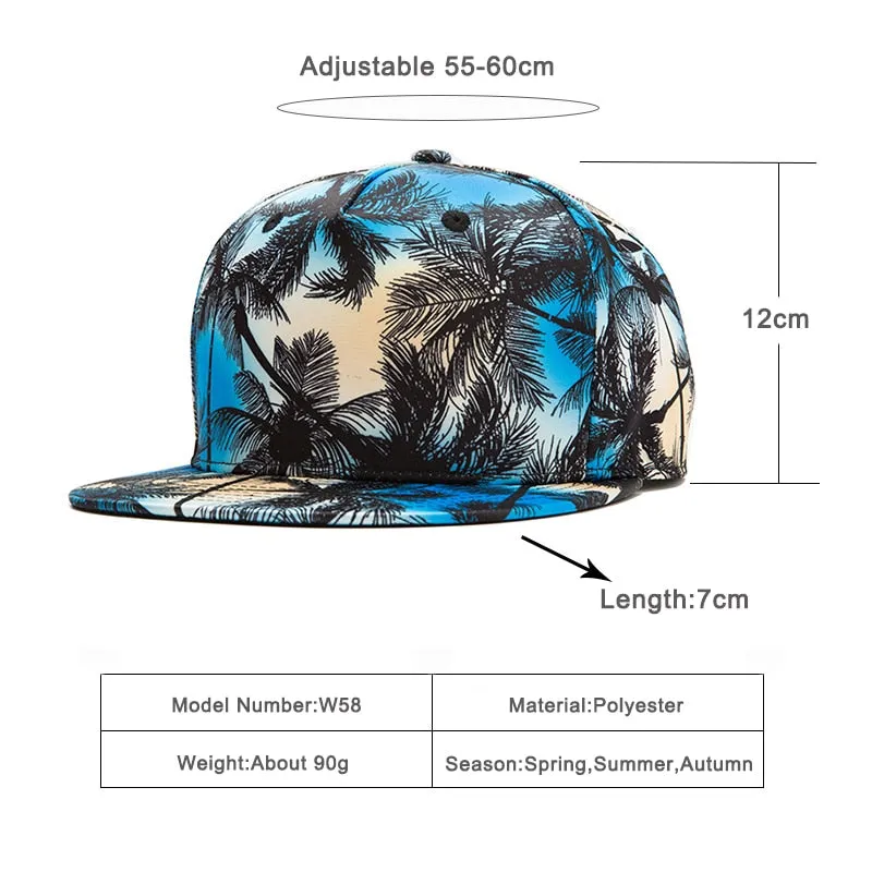 Unisex Summer Casual Coconut Tree Print Flat Brimmed Snapback Baseball Cap