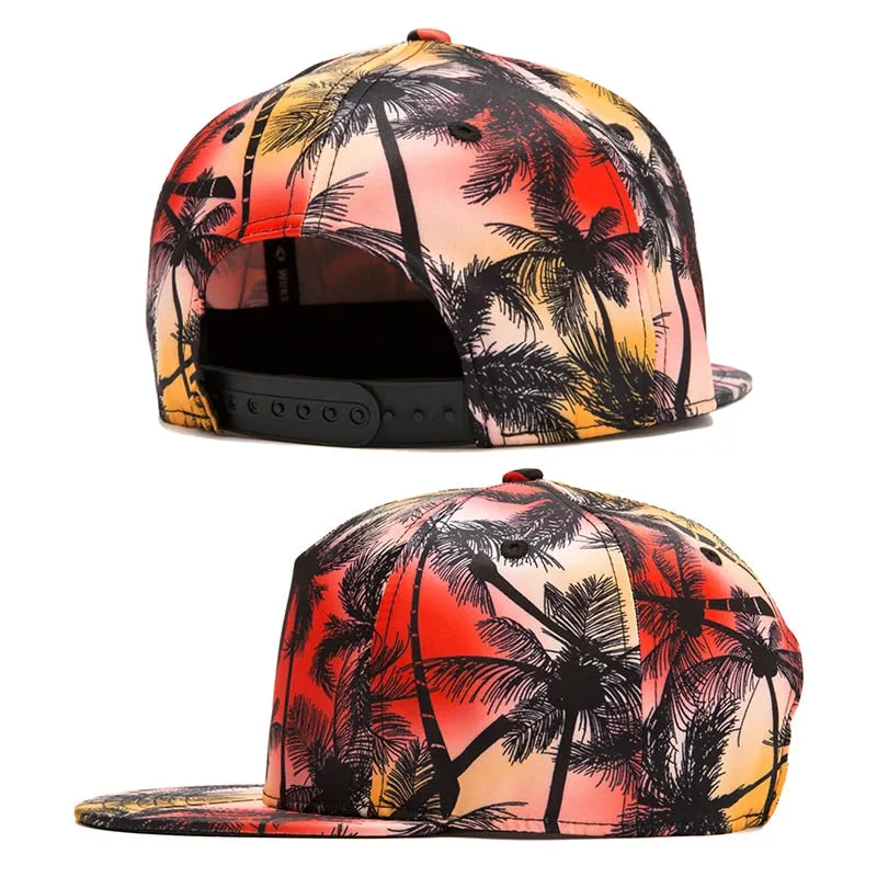 Unisex Summer Casual Coconut Tree Print Flat Brimmed Snapback Baseball Cap