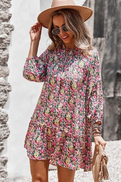 V Neck Floral Long Sleeve Dress