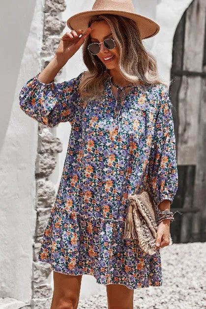 V Neck Floral Long Sleeve Dress