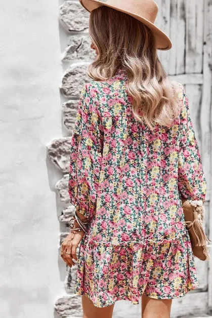 V Neck Floral Long Sleeve Dress