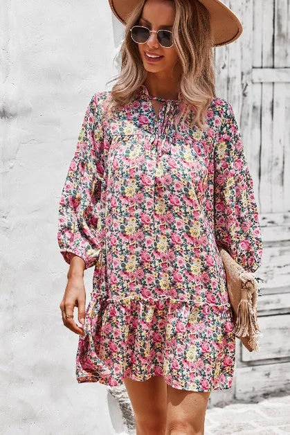 V Neck Floral Long Sleeve Dress