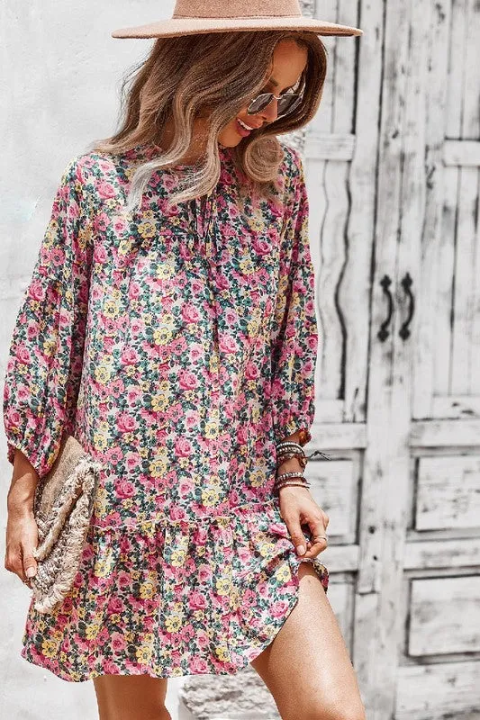 V Neck Floral Long Sleeve Dress