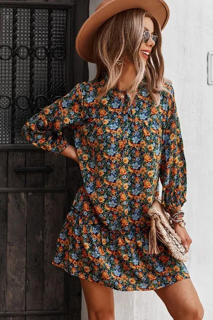 V Neck Floral Long Sleeve Dress