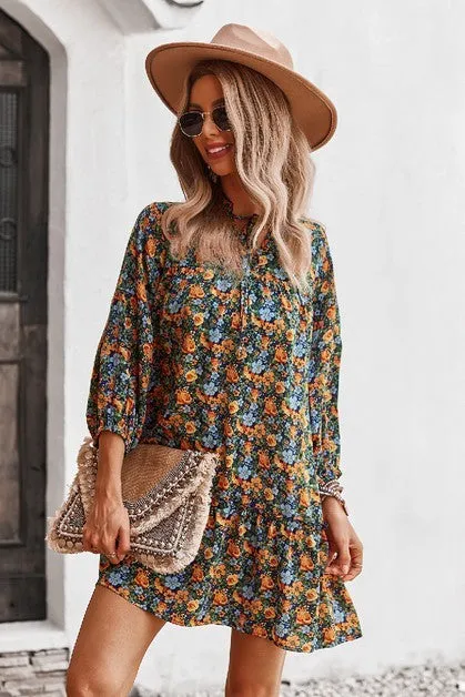 V Neck Floral Long Sleeve Dress