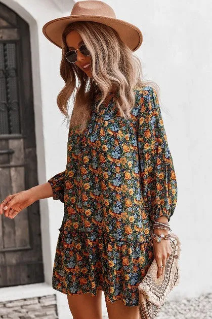 V Neck Floral Long Sleeve Dress