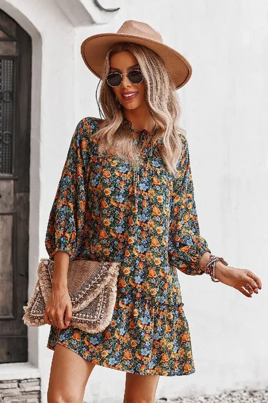 V Neck Floral Long Sleeve Dress