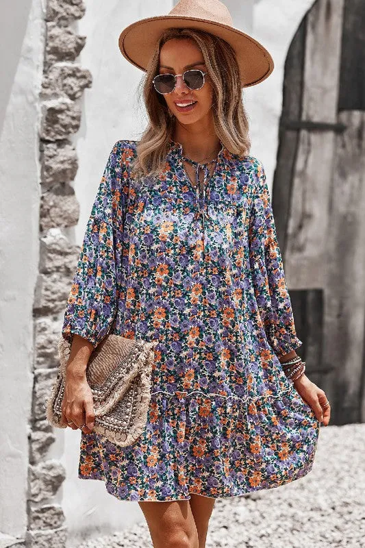 V Neck Floral Long Sleeve Dress