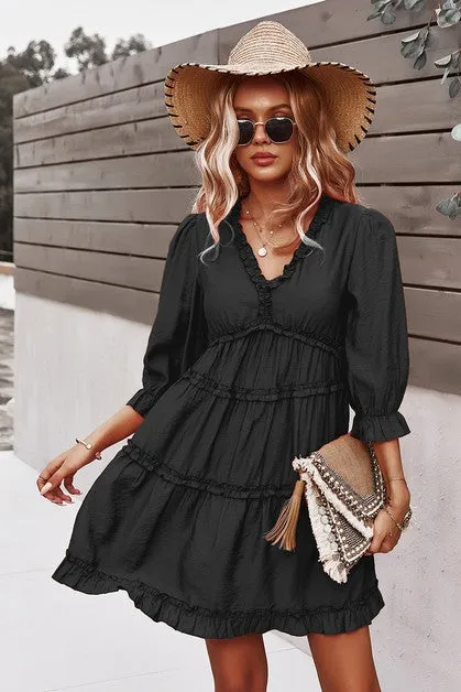 V Neck Solid Ruffle Loose Fit Dress