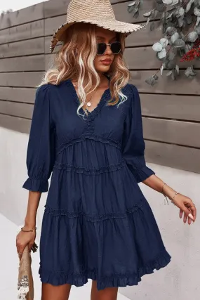 V Neck Solid Ruffle Loose Fit Dress